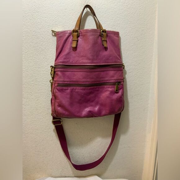 Fossil Explorer Messenger Bag Pink Fold Over Crossbody Leather Tote Womens Large - Picture 1 of 7
